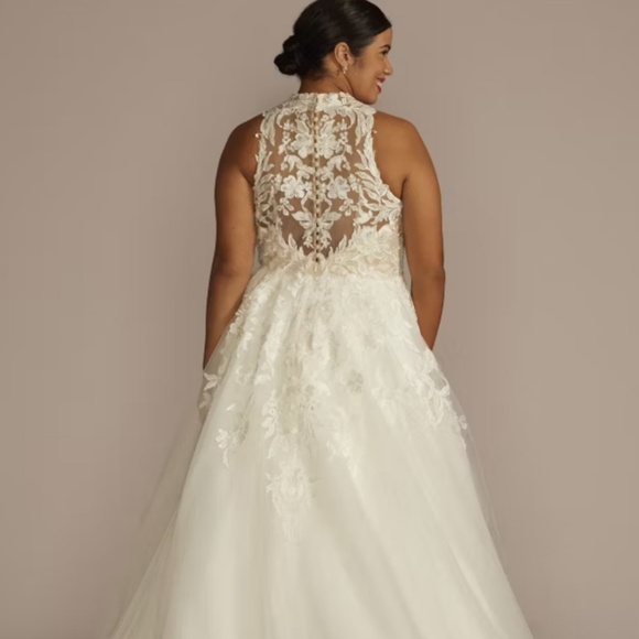 High Neck Lace Applique Tulle Wedding Dress - Picture 2 of 8